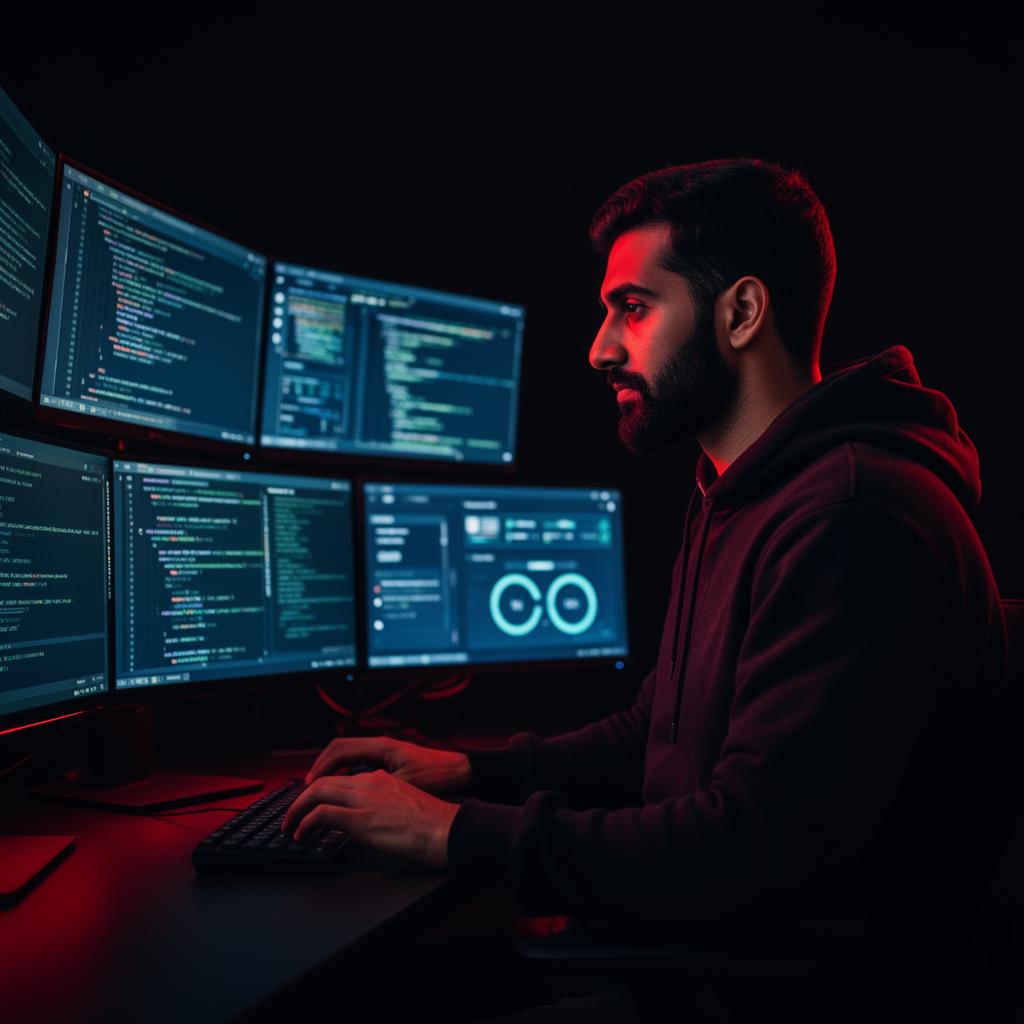 Cybersecurity professional working at a multi-monitor setup